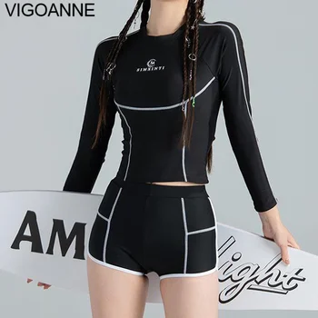 VigoAnne 2023 מוצק שרוול ארוך בגדי ים נשים גבוהה המותניים לדחוף את ביקיני סט קוריאנית בגדי הים של ספורט קיץ החוף בבגד ים